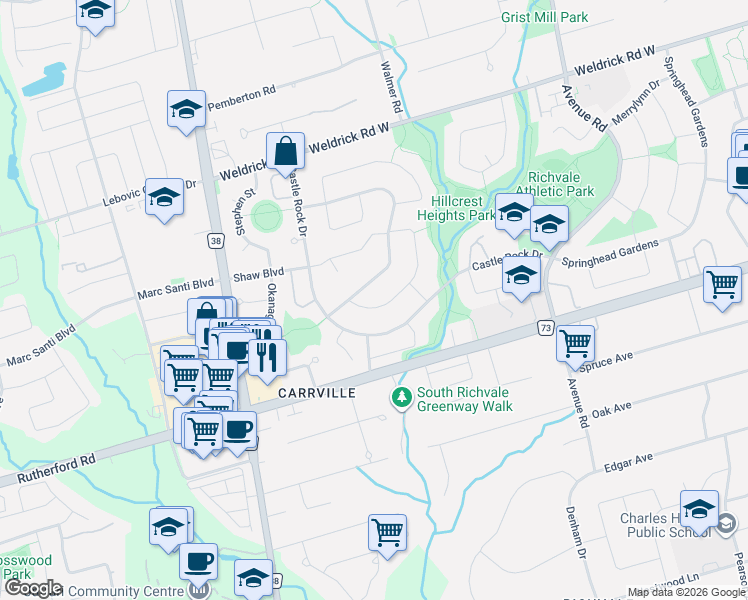 map of restaurants, bars, coffee shops, grocery stores, and more near 16 Sanderson Crescent in Richmond Hill
