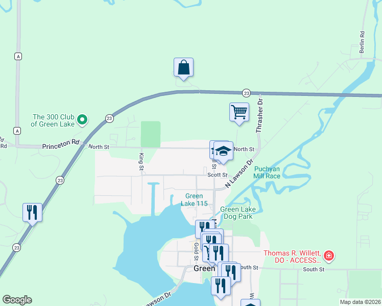 map of restaurants, bars, coffee shops, grocery stores, and more near 483 North Street in Green Lake