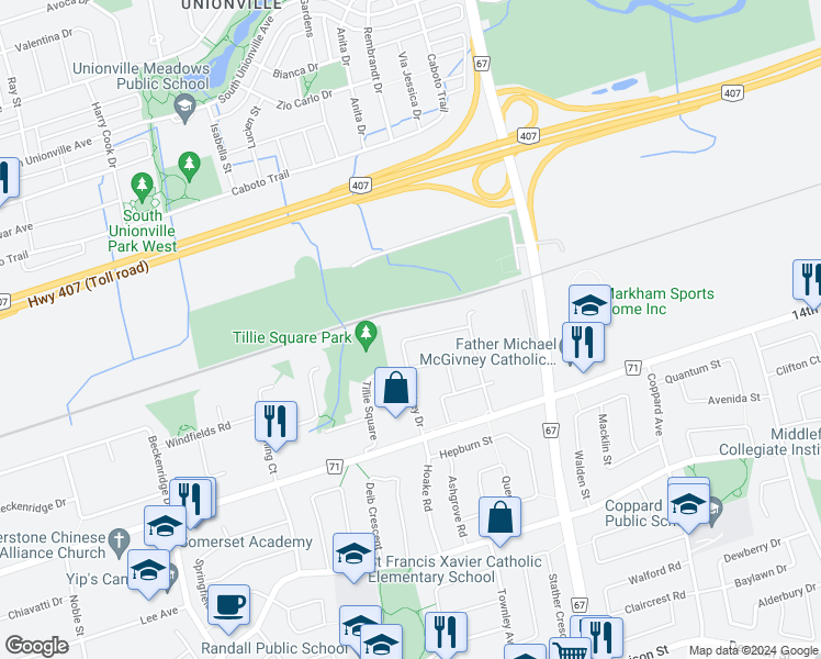 map of restaurants, bars, coffee shops, grocery stores, and more near 68 Redkey Drive in Markham