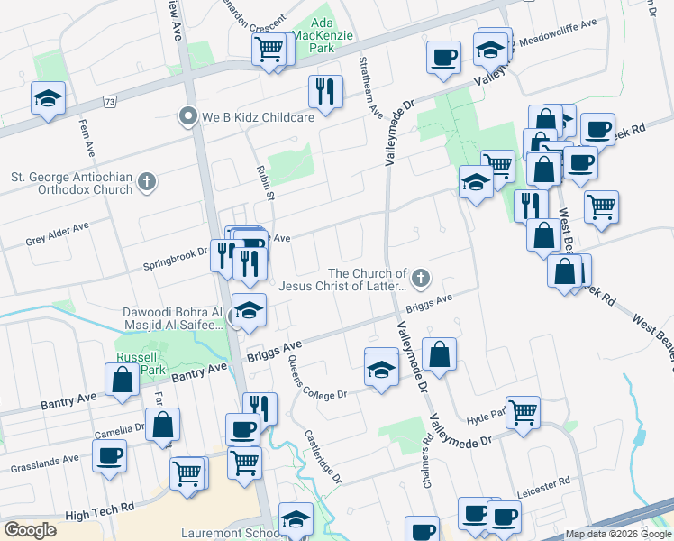 map of restaurants, bars, coffee shops, grocery stores, and more near 22 Ashdown Crescent in Richmond Hill