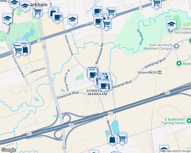 map of restaurants, bars, coffee shops, grocery stores, and more near 8119 Birchmount Road in Markham
