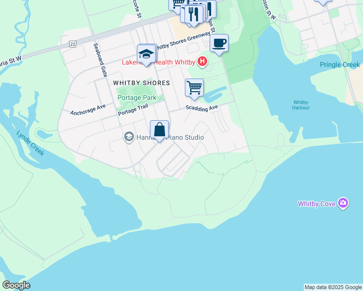 map of restaurants, bars, coffee shops, grocery stores, and more near 19 Majestic Street in Whitby