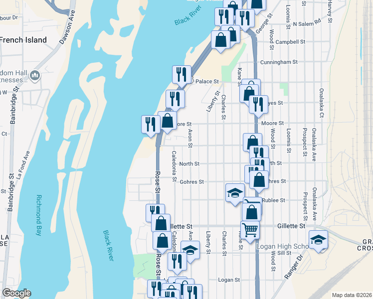 map of restaurants, bars, coffee shops, grocery stores, and more near 1922 Caledonia Street in La Crosse
