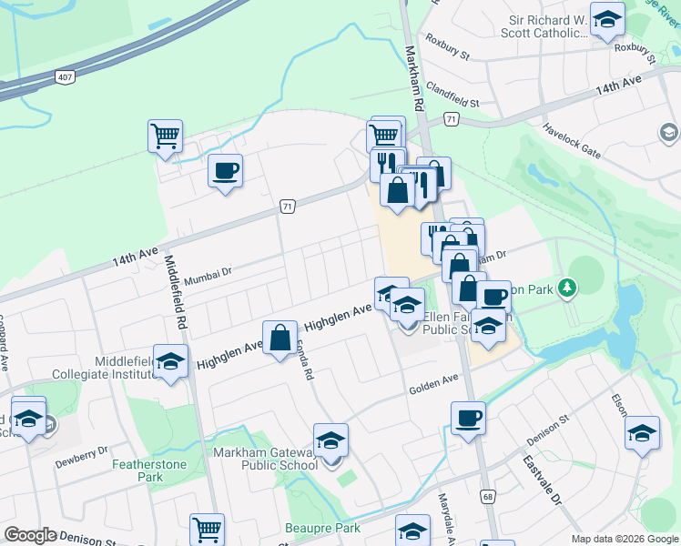 map of restaurants, bars, coffee shops, grocery stores, and more near 8 Nigh Drive in Markham