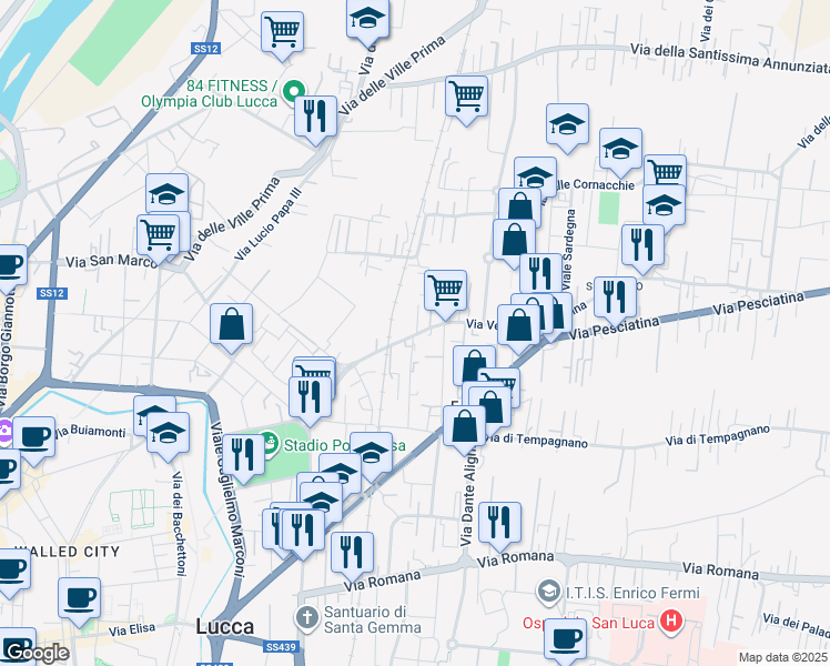 map of restaurants, bars, coffee shops, grocery stores, and more near 215 Via Vecchia Pesciatina in Lucca