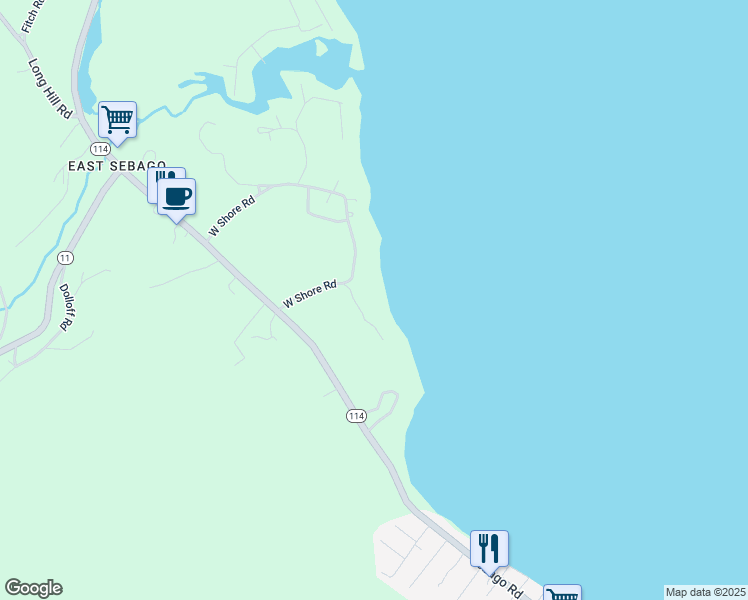 map of restaurants, bars, coffee shops, grocery stores, and more near 108 West Shore Road in Sebago