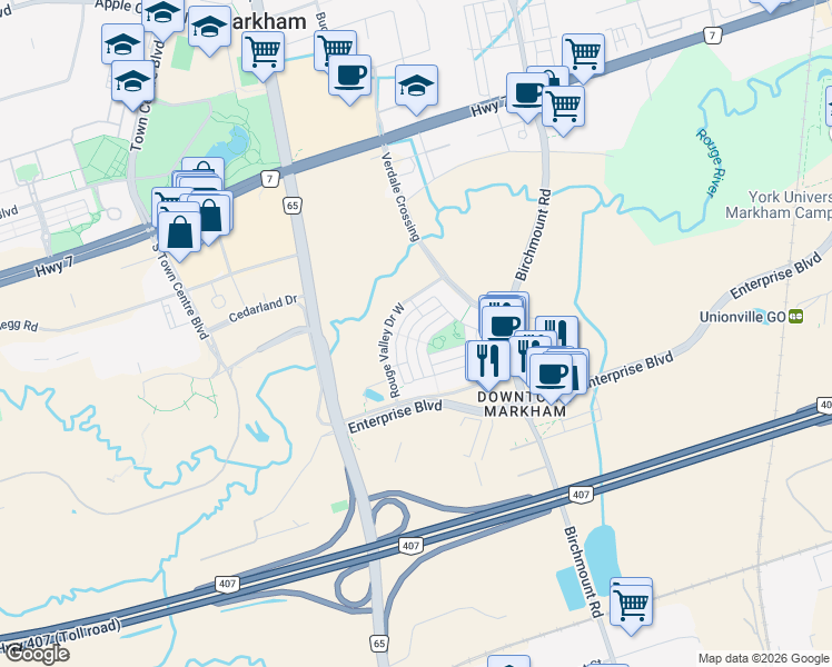 map of restaurants, bars, coffee shops, grocery stores, and more near 31 Lord Durham Road in Markham