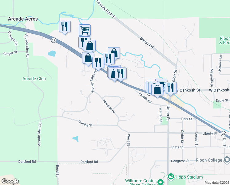 map of restaurants, bars, coffee shops, grocery stores, and more near 269 Moraine Drive in Ripon