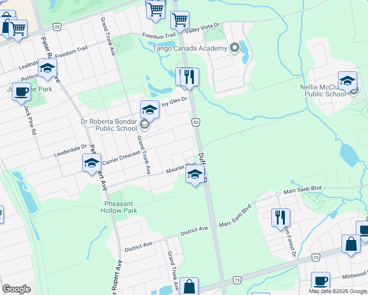 map of restaurants, bars, coffee shops, grocery stores, and more near 66 Carrier Crescent in Vaughan