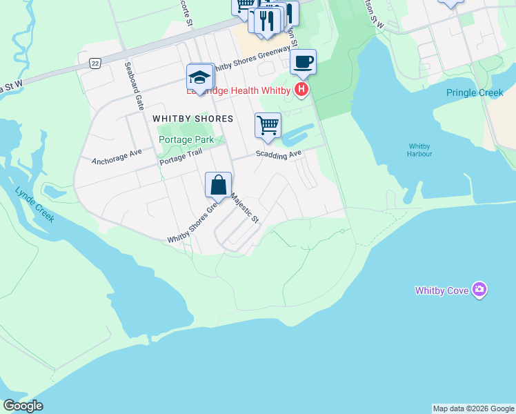 map of restaurants, bars, coffee shops, grocery stores, and more near 117 James Govan Drive in Whitby