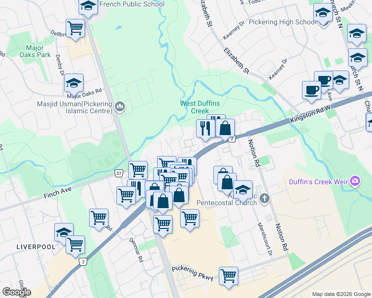 map of restaurants, bars, coffee shops, grocery stores, and more near 1790 Finch Avenue in Pickering