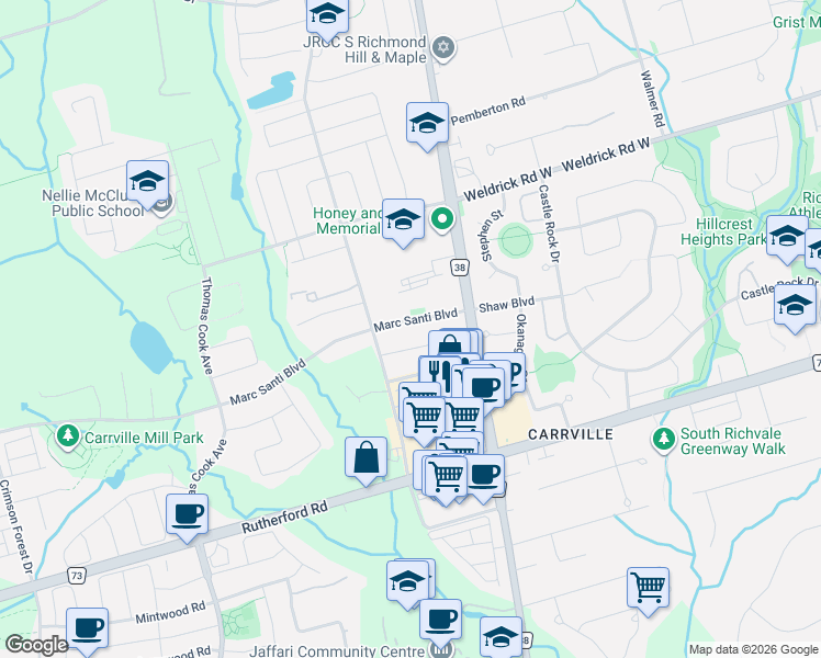 map of restaurants, bars, coffee shops, grocery stores, and more near 53 Marc Santi Boulevard in Vaughan