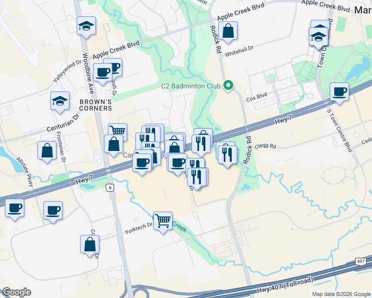 map of restaurants, bars, coffee shops, grocery stores, and more near 3201 York Regional Road 7 in Markham
