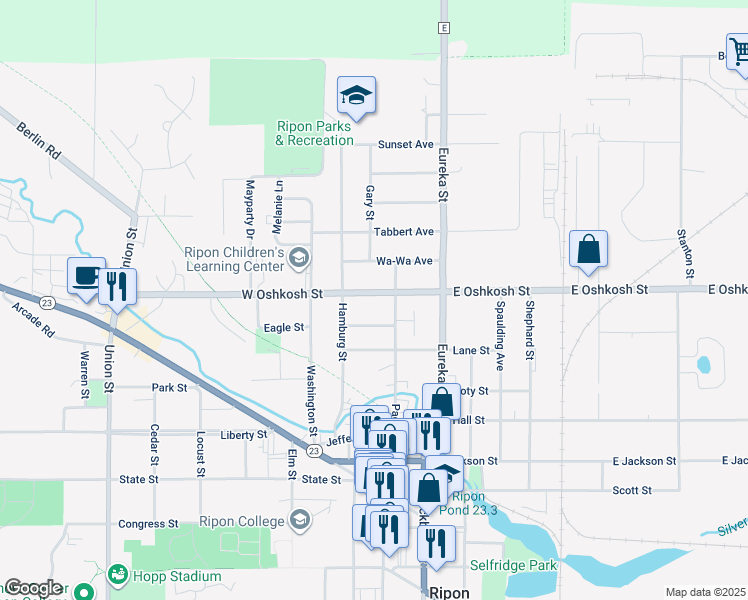 map of restaurants, bars, coffee shops, grocery stores, and more near 219 West Oshkosh Street in Ripon
