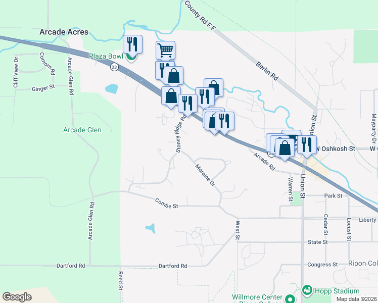 map of restaurants, bars, coffee shops, grocery stores, and more near 290 Moraine Drive in Ripon