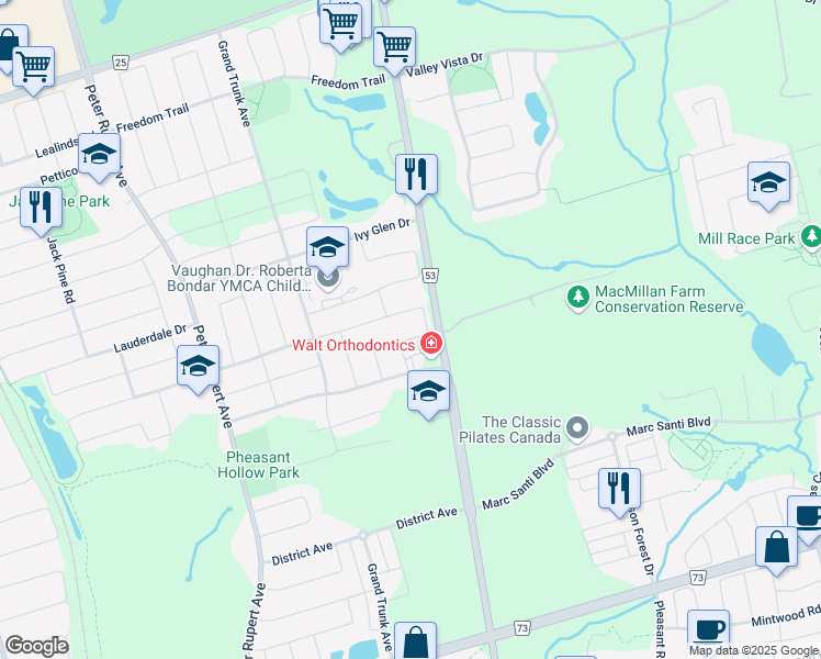 map of restaurants, bars, coffee shops, grocery stores, and more near 74 Carrier Crescent in Vaughan