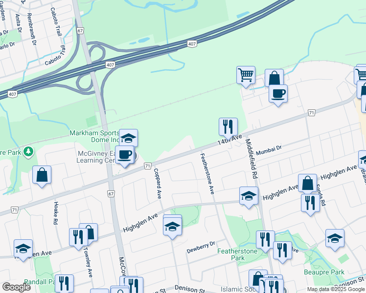 map of restaurants, bars, coffee shops, grocery stores, and more near 5518 14th Avenue in Markham