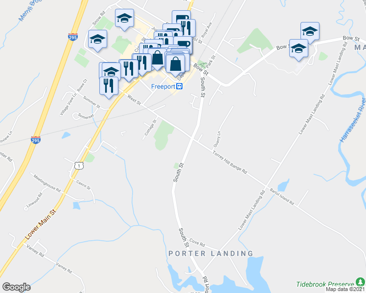 map of restaurants, bars, coffee shops, grocery stores, and more near 46 South Street in Freeport