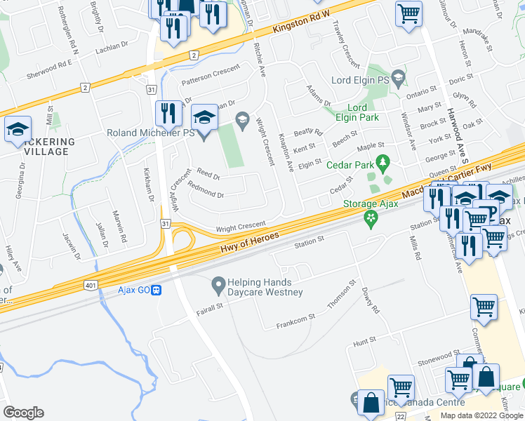 map of restaurants, bars, coffee shops, grocery stores, and more near in Ajax