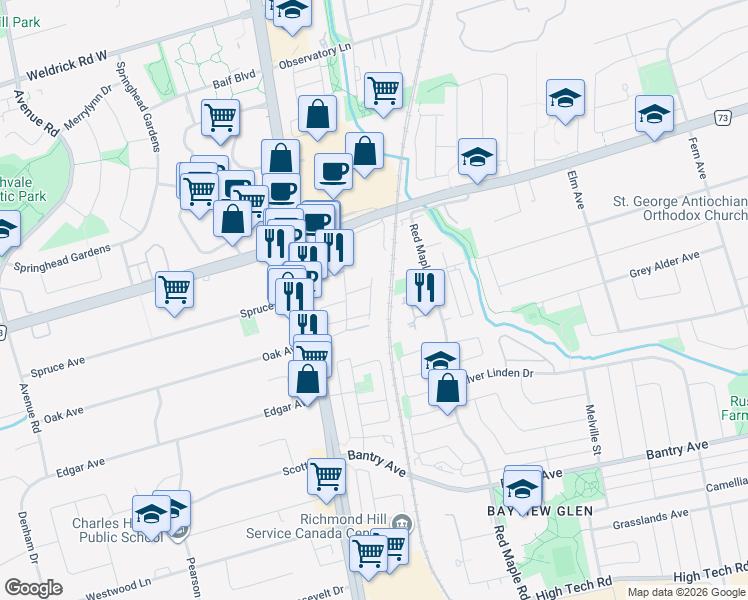 map of restaurants, bars, coffee shops, grocery stores, and more near in Richmond Hill