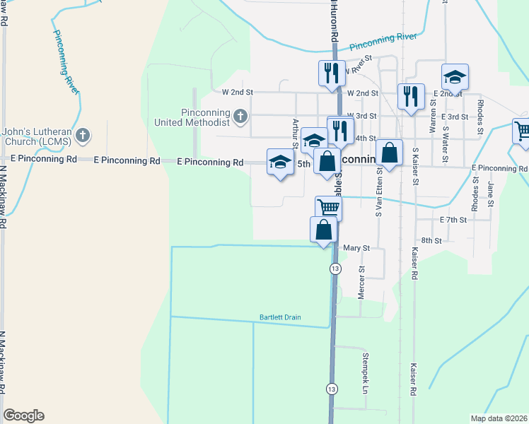 map of restaurants, bars, coffee shops, grocery stores, and more near 605 West 5th Street in Pinconning