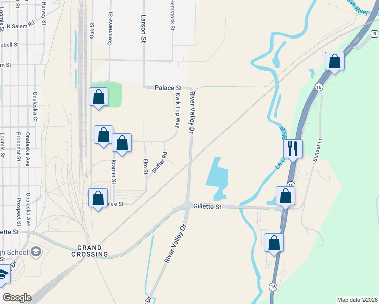 map of restaurants, bars, coffee shops, grocery stores, and more near N3558 Shiftar Road in La Crosse