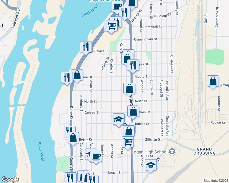 map of restaurants, bars, coffee shops, grocery stores, and more near 1916 Charles Street in La Crosse