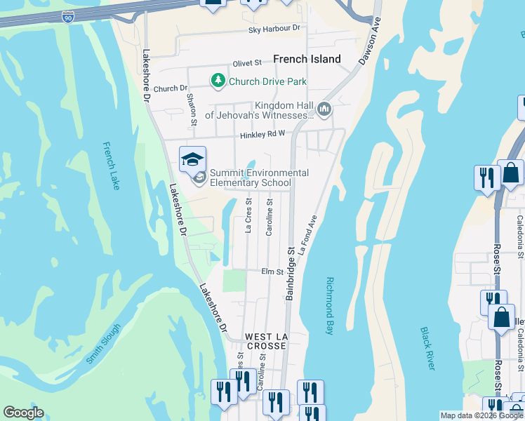 map of restaurants, bars, coffee shops, grocery stores, and more near 1734 La Crescent Street in La Crosse