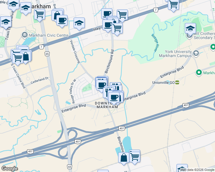 map of restaurants, bars, coffee shops, grocery stores, and more near 292 Verdale Crossing in Markham