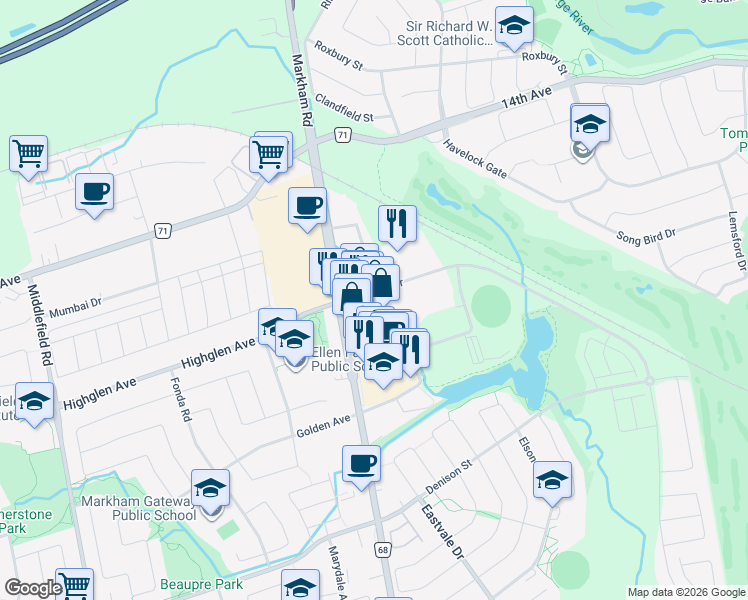 map of restaurants, bars, coffee shops, grocery stores, and more near 36 New Delhi Drive in Markham