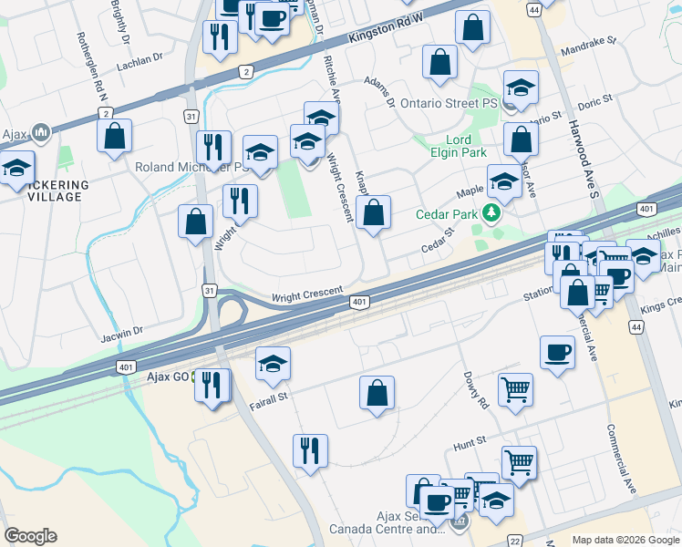 map of restaurants, bars, coffee shops, grocery stores, and more near 88 Reed Drive in Ajax