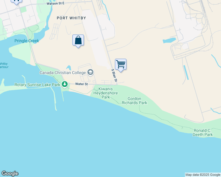 map of restaurants, bars, coffee shops, grocery stores, and more near 599 Water Street in Whitby
