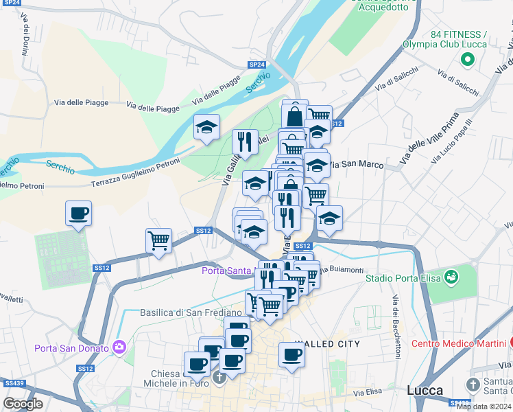 map of restaurants, bars, coffee shops, grocery stores, and more near 30 Via delle Tagliate di San Marco in Lucca