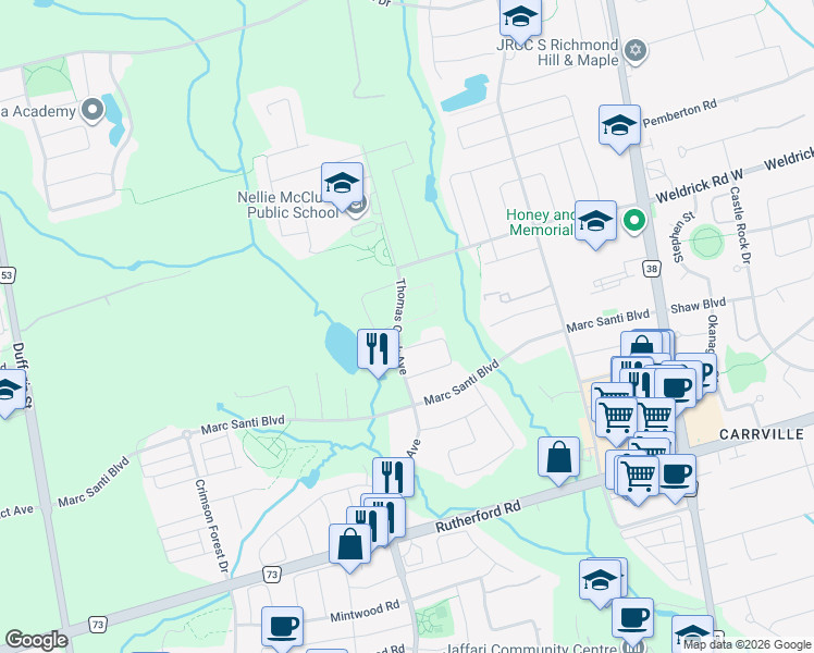 map of restaurants, bars, coffee shops, grocery stores, and more near 218 Golden Trail in Vaughan