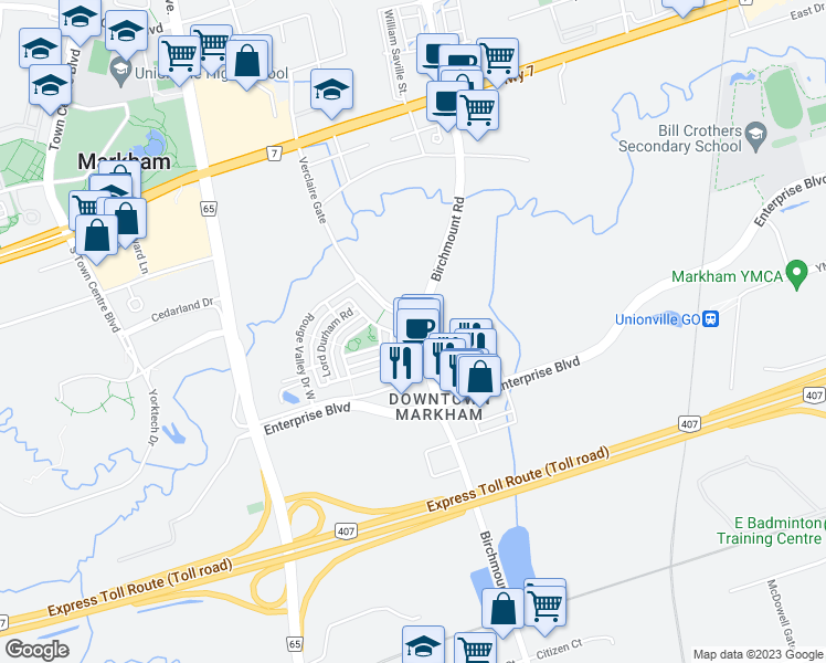map of restaurants, bars, coffee shops, grocery stores, and more near 8130 Birchmount Road in Markham