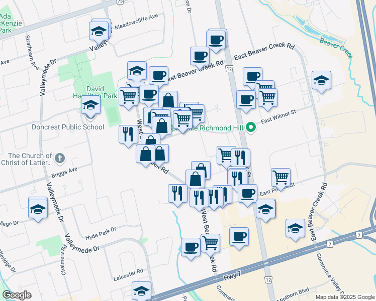map of restaurants, bars, coffee shops, grocery stores, and more near 11-45a West Wilmot Street in Richmond Hill
