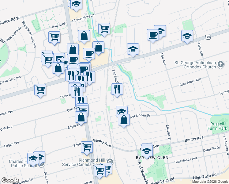 map of restaurants, bars, coffee shops, grocery stores, and more near 350 Red Maple Road in Richmond Hill