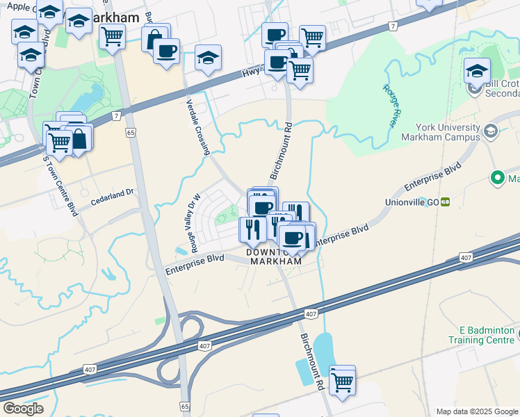 map of restaurants, bars, coffee shops, grocery stores, and more near 8130 Birchmount Road in Markham