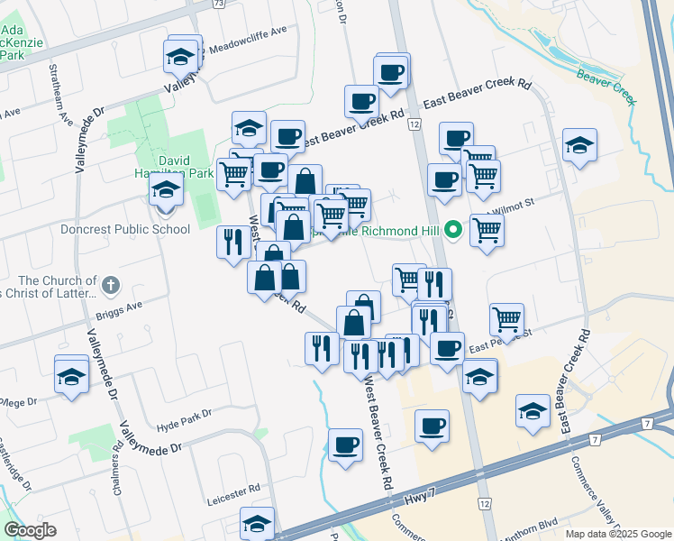 map of restaurants, bars, coffee shops, grocery stores, and more near 11-45a West Wilmot Street in Richmond Hill
