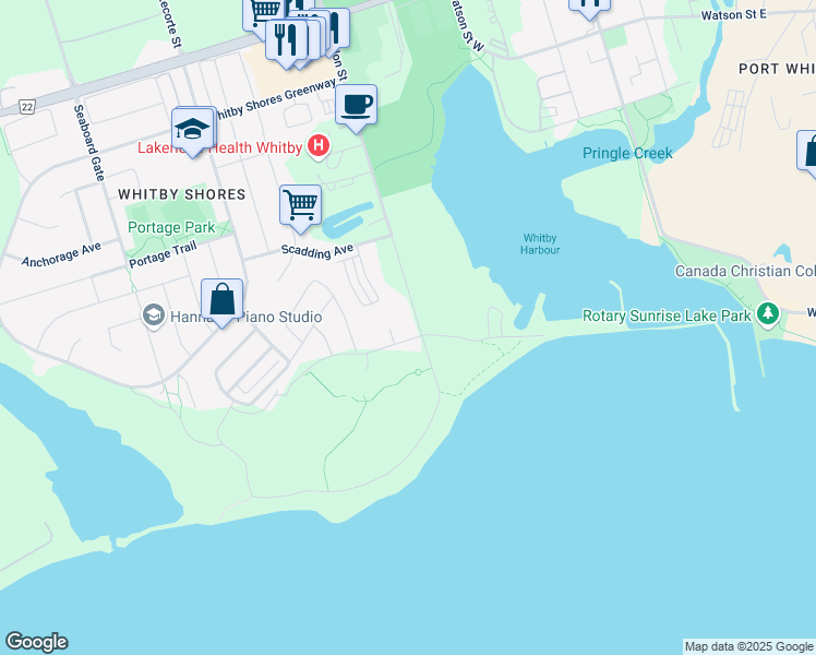 map of restaurants, bars, coffee shops, grocery stores, and more near in Whitby