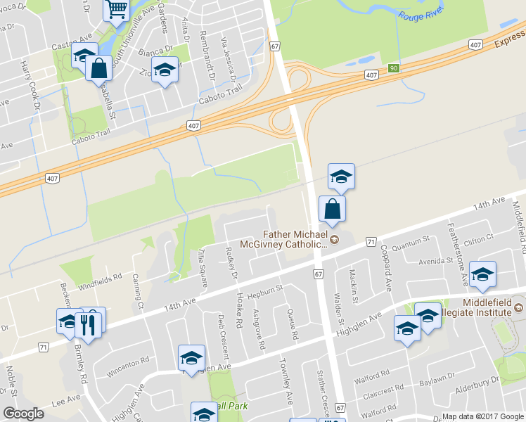 map of restaurants, bars, coffee shops, grocery stores, and more near 118 Redkey Drive in Markham