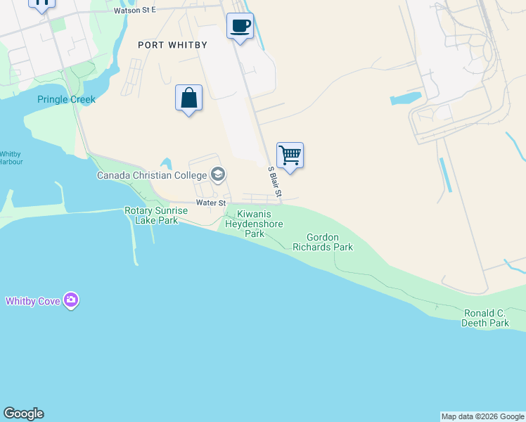 map of restaurants, bars, coffee shops, grocery stores, and more near 589 Water Street in Whitby