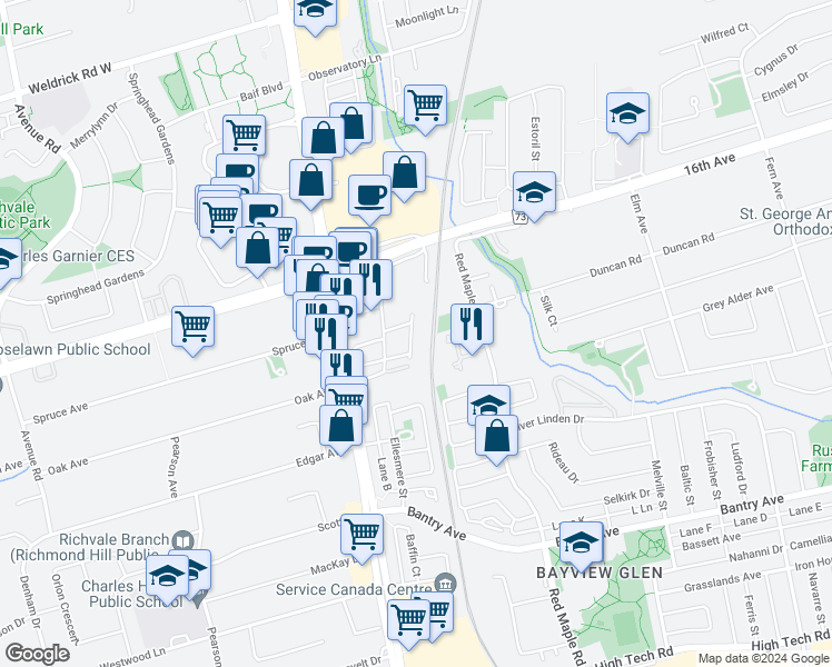 map of restaurants, bars, coffee shops, grocery stores, and more near 81 Northern Heights Drive in Richmond Hill