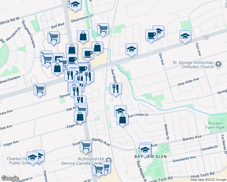 map of restaurants, bars, coffee shops, grocery stores, and more near 350 Red Maple Road in Richmond Hill