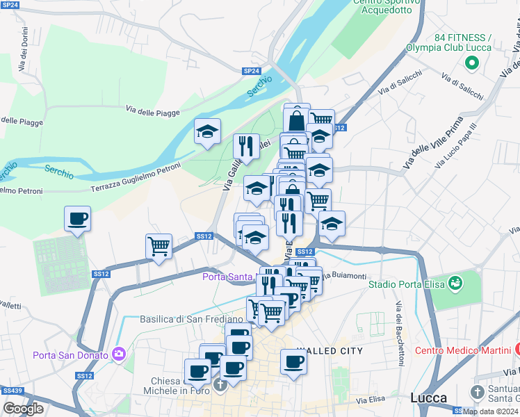 map of restaurants, bars, coffee shops, grocery stores, and more near 30 Via Tagliate di San Marco in Lucca