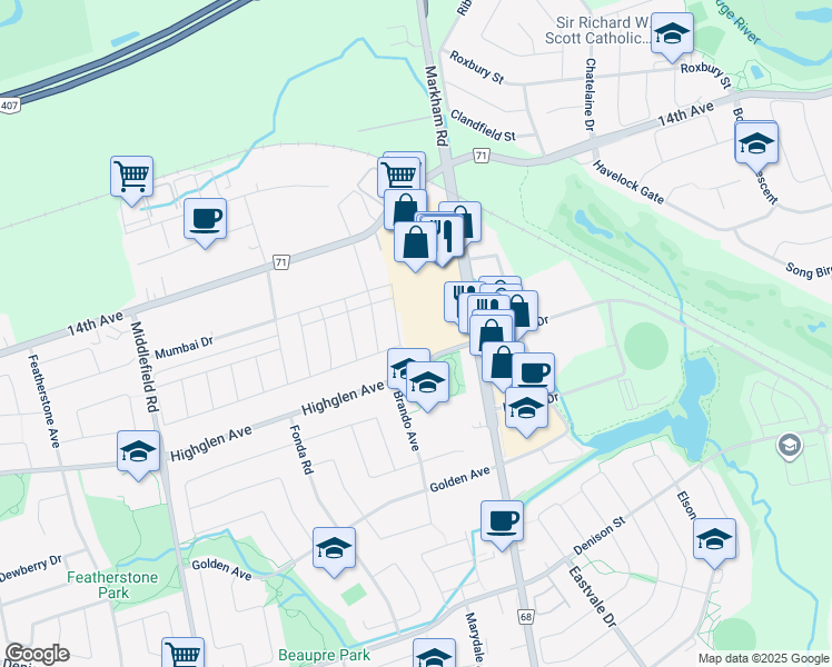 map of restaurants, bars, coffee shops, grocery stores, and more near 7650 Markham Road in Markham