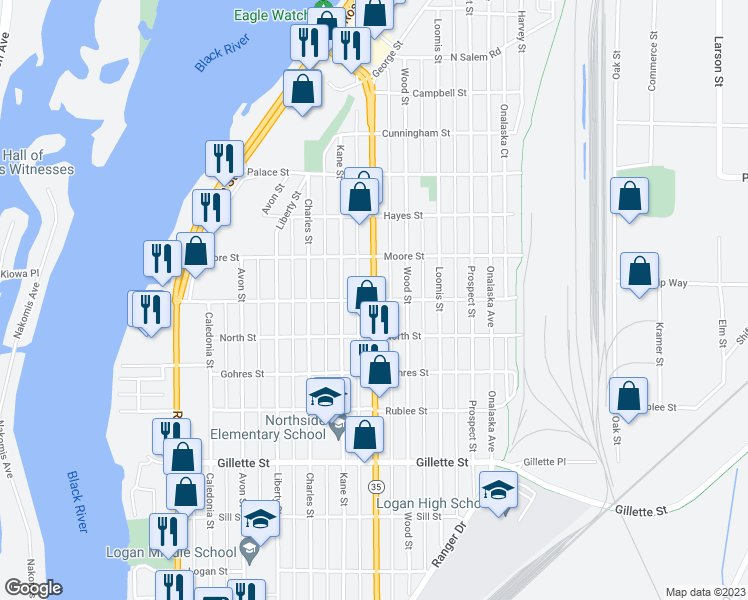 map of restaurants, bars, coffee shops, grocery stores, and more near George Street in La Crosse