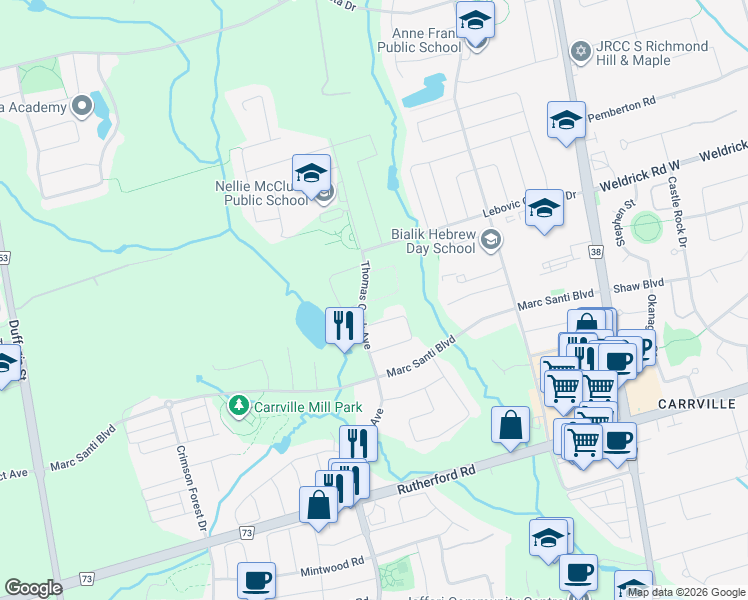 map of restaurants, bars, coffee shops, grocery stores, and more near 134 Golden Trail in Vaughan
