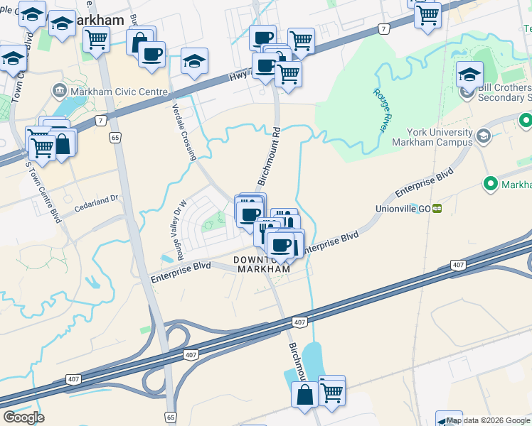 map of restaurants, bars, coffee shops, grocery stores, and more near 292 Verdale Crossing in Markham