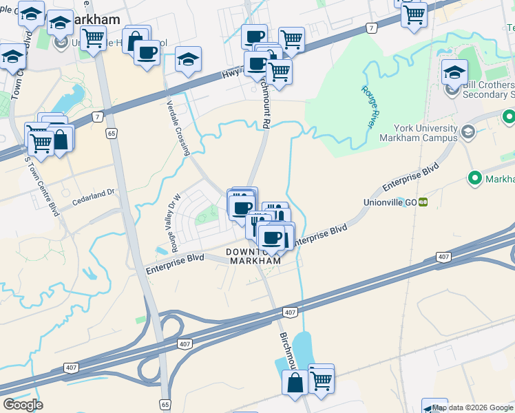 map of restaurants, bars, coffee shops, grocery stores, and more near 292 Verdale Crossing in Markham